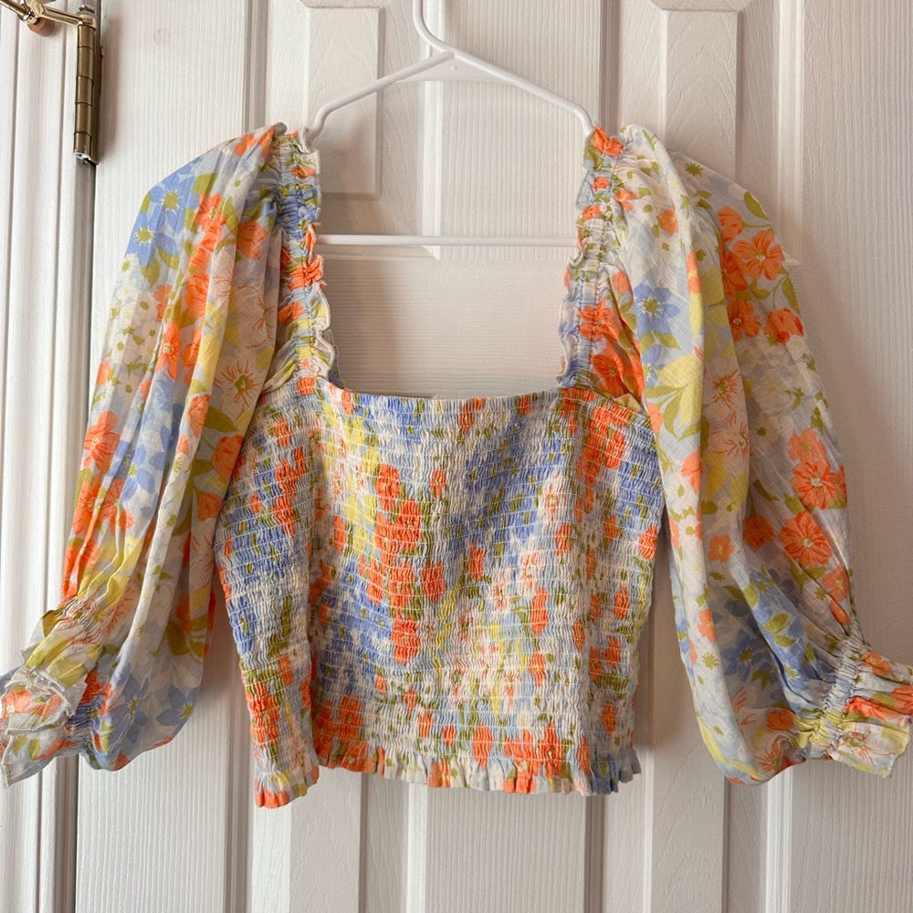 Billabong Orange and Blue Smocked Puff Sleeve Crop Top